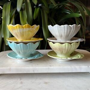 Set of 4 Royal Winton Lotus Pastel Lusterware Bowls Attached Handle Saucer Plate
